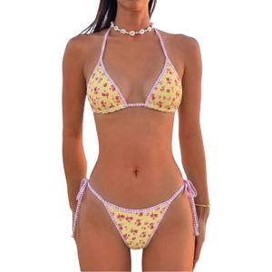 MakeMeChic Women's Floral Triangle Thong Bikini Sets Halter Gingham Swimsuit Bathing Suit (Medium)