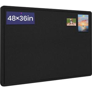 Large Bulletin Board, 48 X 36 inches Felt Board Notice Pin Board, 4' x 3'Cork Board Alternative for Wall, Self-Adhesive Vision Board Mood Board Foldable Photo Board with 30 Pushpin (Black)