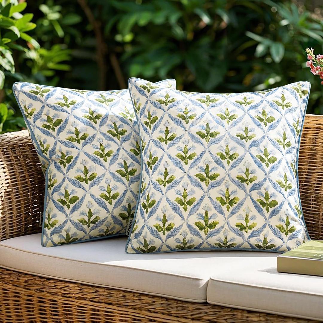 MIULEE Floral Decorative Pillow Covers Set of 2,Block Print Throw Pillow Covers Outdoor Boho Farmhouse Vintage Coastal Summer Accent Cushion Covers for Couch paito Garden Sofa 18x18 Inch, Blue-Green