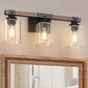 Amico 3-Light Bathroom Vanity Light Fixtures, Rustic Industrial Painted Wood Farmhouse Light fixtures, Vintage Black Wall Sconces Bathroom Vanity Lighting with Clear Glass Shade