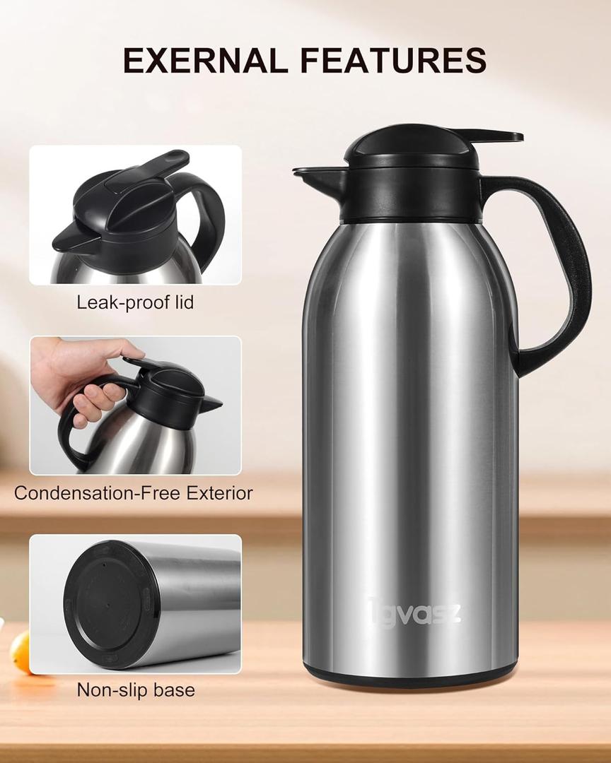 Thermal Coffee Carafe 102 oz / 3L - Up to 36 Hours Hot, Insulated Stainless Steel Airpot for Hot Liquids, Coffee Carafes For Keeping Hot Coffee for Parties -Large Carafe Flask(Black/Silver)
