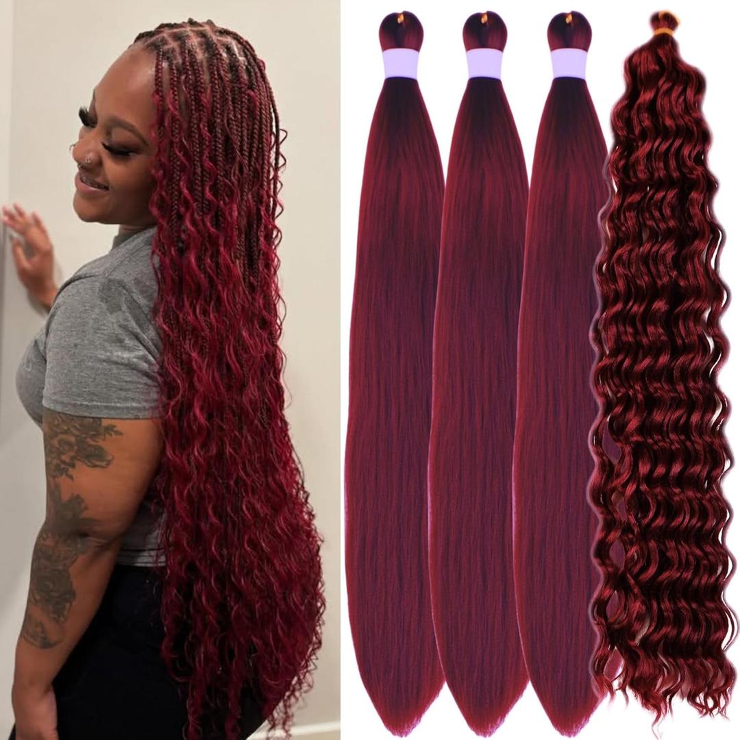 Burgundy Red Braiding Hair Pre Stretched for Boho Braids Boho Braiding Hair with Boho Curls 26" to 30" Bundles
