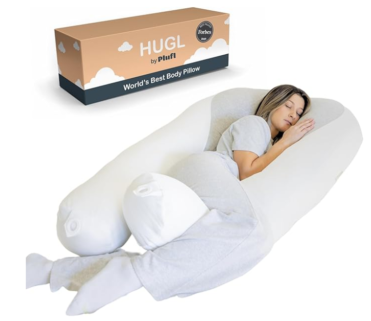 Plufl Hugl Cooling Body Pillow for Adults Made with Memory Foam | U Shaped Maternity Pillows Great for Side Sleepers & Pregnant Women | Washable Cover | White (Large)