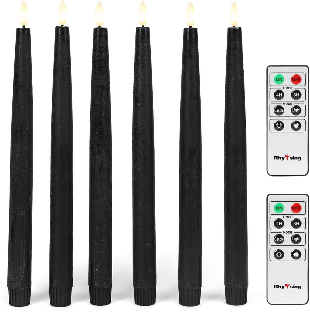 Rhytsing 11.4" Flameless Taper Candles with Timer Function for Halloween, Battery Operated Tall Candlesticks Rustic Wax, Warm White LED, 2 Remotes Included - Set of 6 (Black)