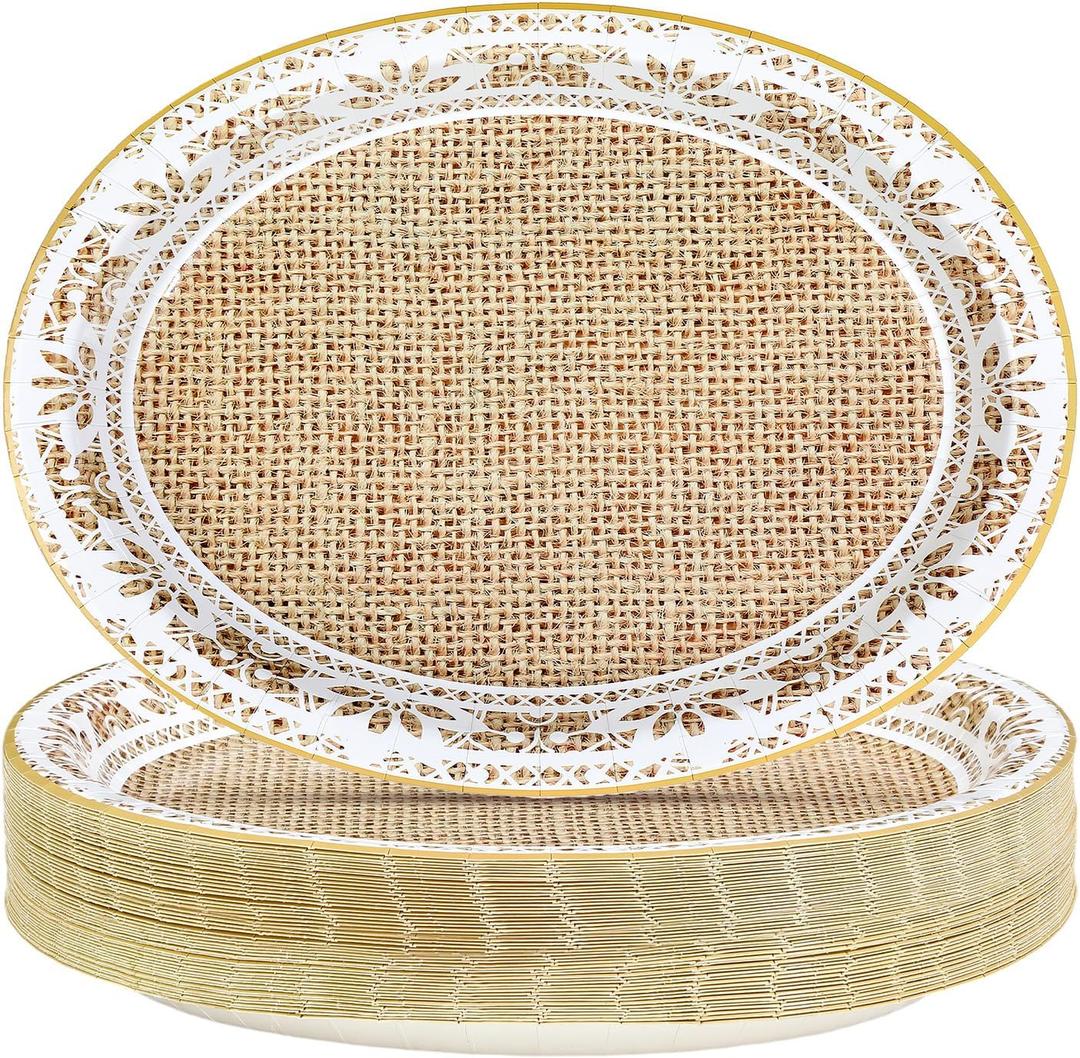 50Pcs Burlap and Lace Oval Paper Plates 10" x 12" Large Disposable Heavy Duty Brown Burlap Paper Platters White Lace Dessert Plates for Rustic Bridal Shower Wedding Birthday Party Supplies
