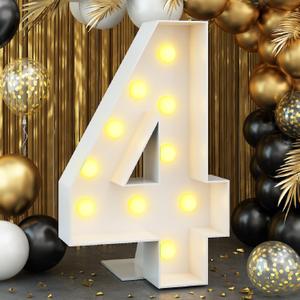 Light up Number 4 White Marquee 4ft Numbers with Lights for 4th Birthday Party Large Mosaic Frame Letter Cardboard Pre-Cut Giant Cut-Out Thick Board Sign Decorations Anniversary New Year Graduations