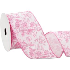 Floral Wired Edge Ribbon Roll Pink Flower Chinoiserie Fabric Ribbon for Wreath Bow Making DIY Crafts Gift Wrapping, 12 Yard