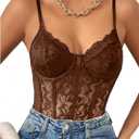Milumia Women's Sexy Sheer Mesh Lace Bodysuit Spaghetti Strap Bustier Corset Tops Rave Party Club (Medium, Light Brown)