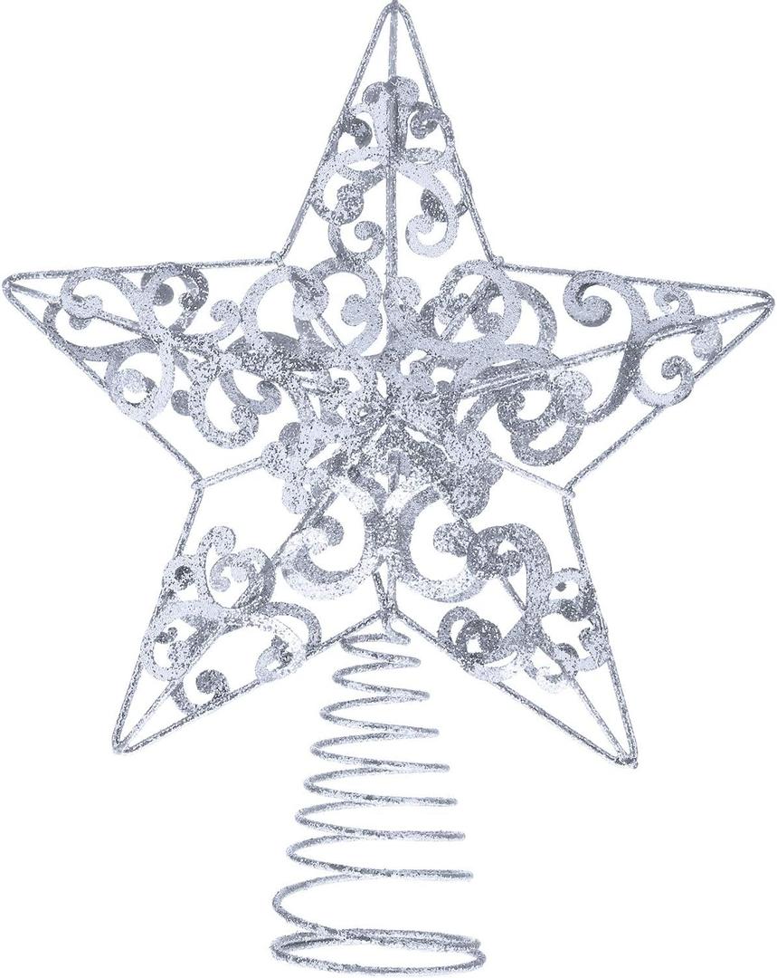 Blulu Christmas Star Tree Topper 10 Inch Glittered 3D Metal Star Treetop Topper Christmas Hollow Sequin Tree Decoration for Xmas Holiday Party Decoration Indoor(Silver)