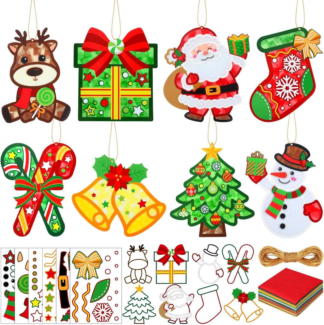 48 Sets Christmas Suncatchers Craft Kit Stained Glass Ornaments Kit Santa Cane Candy Jingle Bell Tissue Paper Crafts for Window Arts Party Holiday Projects Home Decorations