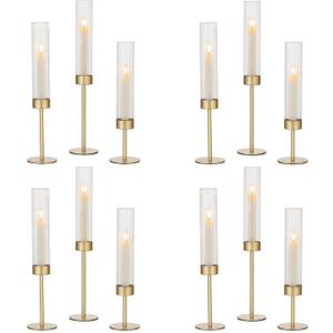 Hewory Gold Hurricane Candle Holders: 12 PCS Brass Tall Candlestick Taper Candle Holders Bulk for Candlesticks Candle Sticks Holder Decor for Table Centerpiece Wedding Party Christmas Decorations