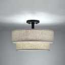 2-Tier 15" Linen Drum Fabric 3 Light Farmhouse Black Semi Flush Mount Light