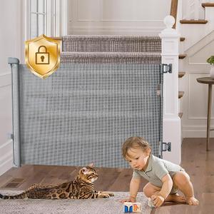 MOMYMUST Retractable Baby Gates for Stairs Doorways with Auto-Lock, 33" Tall x 55" Wide Mesh Baby/Dog/Pet/Cat Gate Safety Double Locking, Durable Child Gate for Hallways Kitchen Indoor/Outdoor