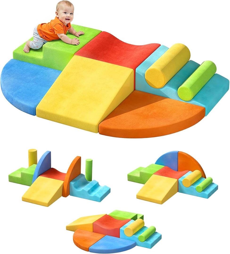 Extra Large 8-Piece Soft Climbing Toys for Toddlers, Foam Climbing Block Set with Jumbo Size, Boosts Motor Skills & Color Coordination, Safe Indoor Toy for Child Development (Green+ yellow+ red+ light Blue+ dark Blue+ orange)