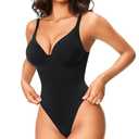 Nebility Shapewear Bodysuits for Women Tummy Control Body Shaper Deep V Neck Thong Body Suits (Black,Small)