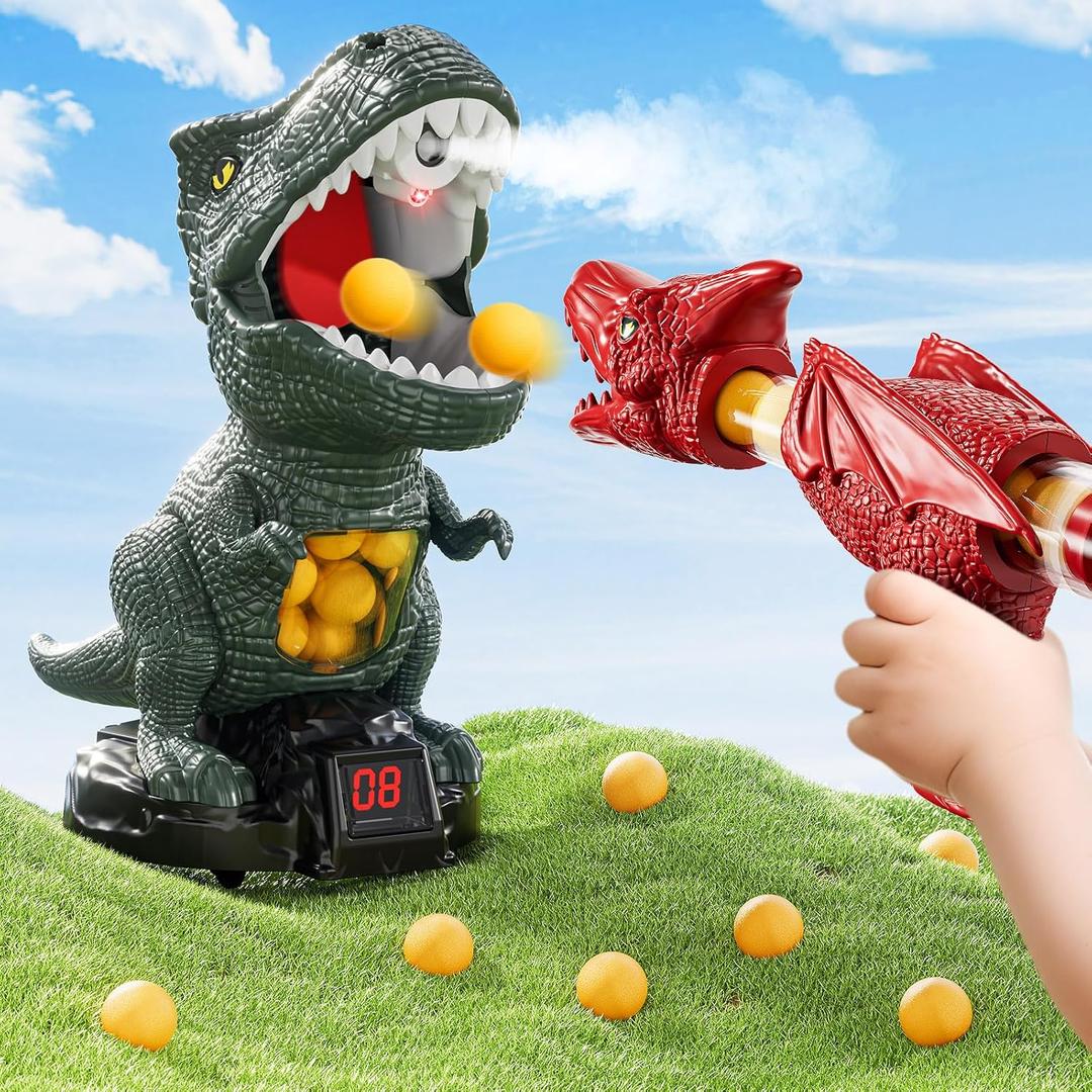 Dinosaur Shooting Boy Toys for Kids Age 3 4 5 6 7 8 - Moveable Shooting Game with Scoreboard, Light & Sound, 12 Foam Balls, Boy Toddler Toys 5-7 6-8 8-10, Competition Game Gifts (Dark Green)