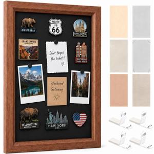 Magnet Board for Wall, 11.8 x 16.9 in Framed Magnetic Display Board for Fridge Magnets, Travel Souvenir Magnet Holder with 6 Background Papers, No-Drill Wood-Look MDF Frame Decor