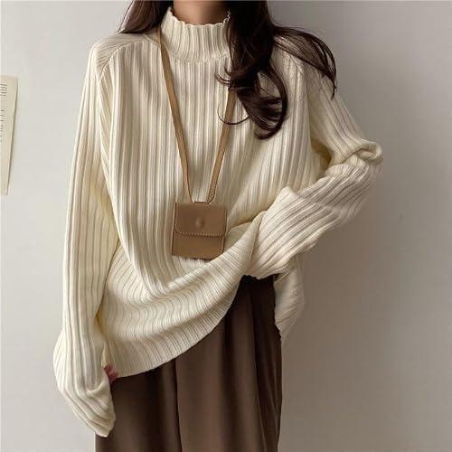 Women's Loose Fit Sweater Semi-Turtleneck Pullover Soft Knit Top Cozy Fall Winter Casual Wear Chunky Knit Relaxed Style (Apricot,X-Large)