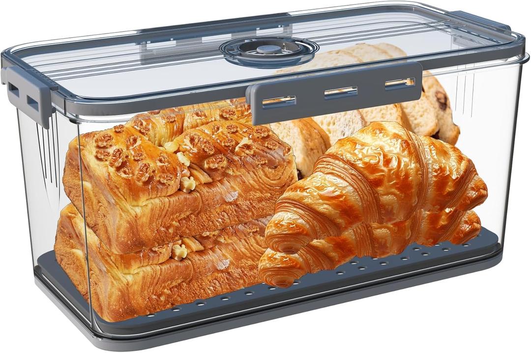 Bread Box Bread Boxes for Kitchen Counter Airtight,Time Recording Bread Storage Container with Lid, Bread Keeper for Homemade Bread, Toast, Bagel, Donut and Cookies, Grey (Gray)