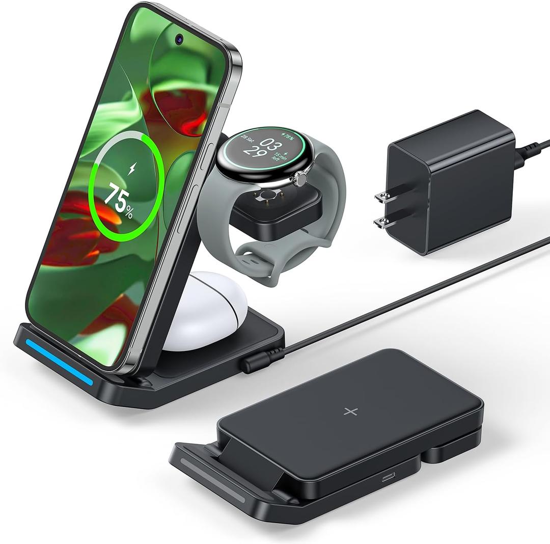 3 in 1 Foldable Wireless Charger for Google Pixel Watch 3/2(Not for Pixel Watch 4/1), Fast Charging Station Stand for Pixel 10 Pro XL/9/8/7 Pro/9a/8a/6 Pro and Buds with QC Adapter for Travel, Black