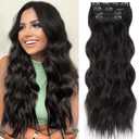 ALXNAN Clip in Long Wavy Synthetic Hair Extension 20 Inch Black Brown 4PCS Thick Hairpieces Fiber Double Weft Hair for Women