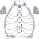 Rave Hologram Body Chest Harness Cage Bra Choker Chain Belts Body Costume with Pasties for Music Festival Roleplay Clubwear (Silver)