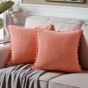 Fancy Homi Pack of 2 Coral Decorative Throw Pillow Covers 18x18 Inch with Pom-poms for Living Room Couch Bedroom, Soft Corduroy Peach Solid Square Cushion Case 45x45 cm, Rustic Farmhouse Home Decor