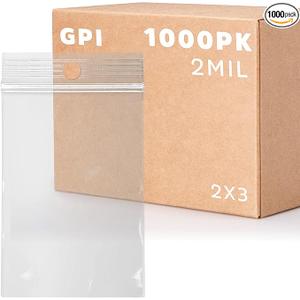 GPI  1000 Count, 2" x 3" Clear Plastic Resealable Zip Bags, Bulk 2 Mil, Strong & Durable Poly Baggies with Resealable Zip Top Lock for Travel, Storage, Packaging & Shipping