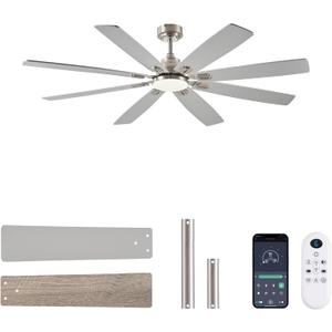Ceiling Fan with Light and Remote/APP Control, 62 inch Large Low Profile Ceiling Fans for Living Room Patio, Quiet DC Reversible Motor, 8 Speed, 3CCT, Dimmable, Dual Finish 8 Blades, Nickel