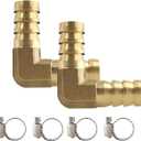 2Pcs 1/2Inch 90 Degree Brass Hose Barb, L Right Angle Brass Barb Elbow Connector Fitting with 4Pcs Hose Clamps for Fuel, Air, Water, Oil, Gas(12mm)