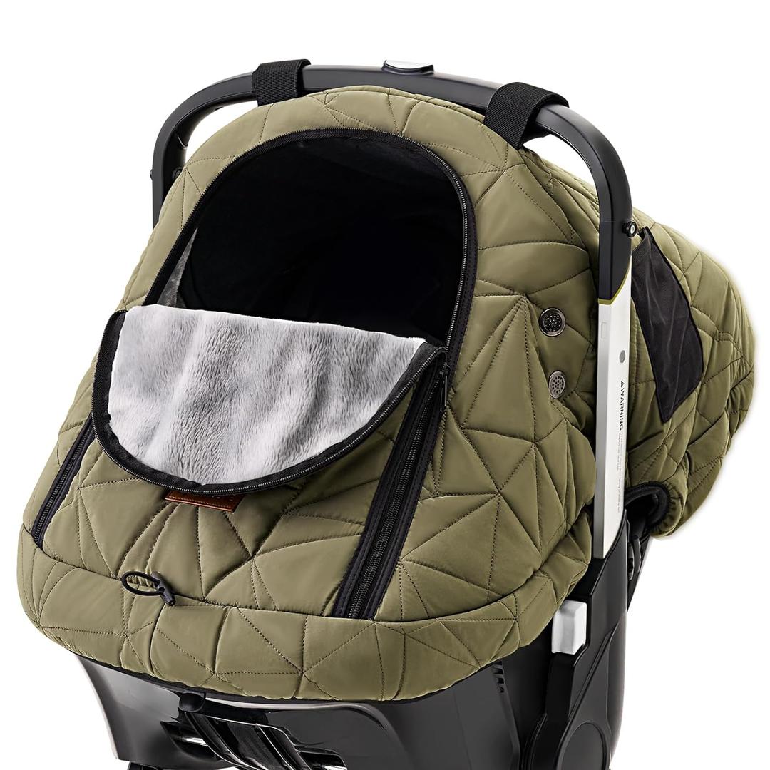 Baby Car Seat Cover Winter: Sprouterie Car Seat Cover Baby - Infant Carseat Canopy Waterproof for Cold Weather Zipper Flap Windproof Universal Fitted Warm and Cozy for Boy Girl Newborn Khaki (Olive Green)