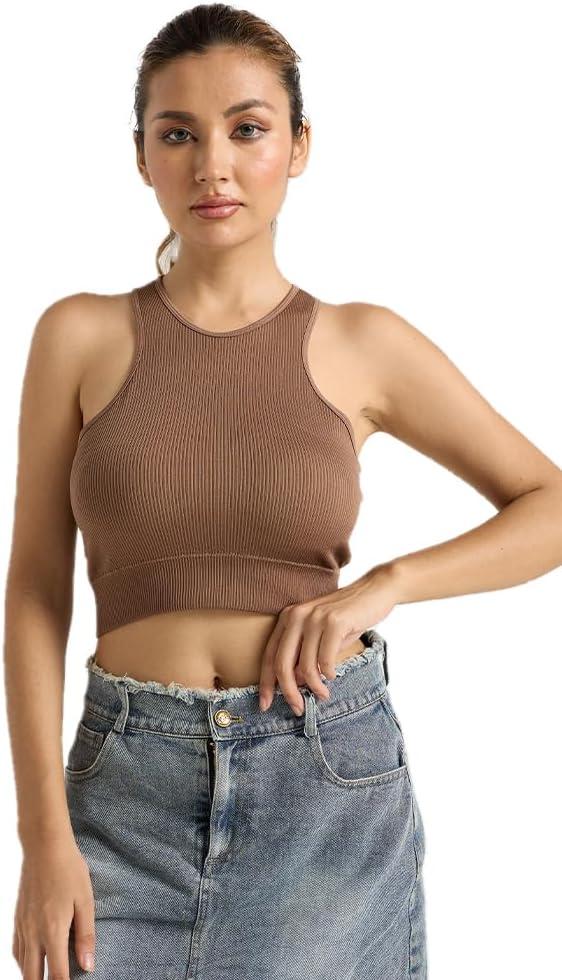 Women's Ribbed Crop Tank Top, Sleeveless Racerback, Square Neck, Black, Fitted (Khaki, S)