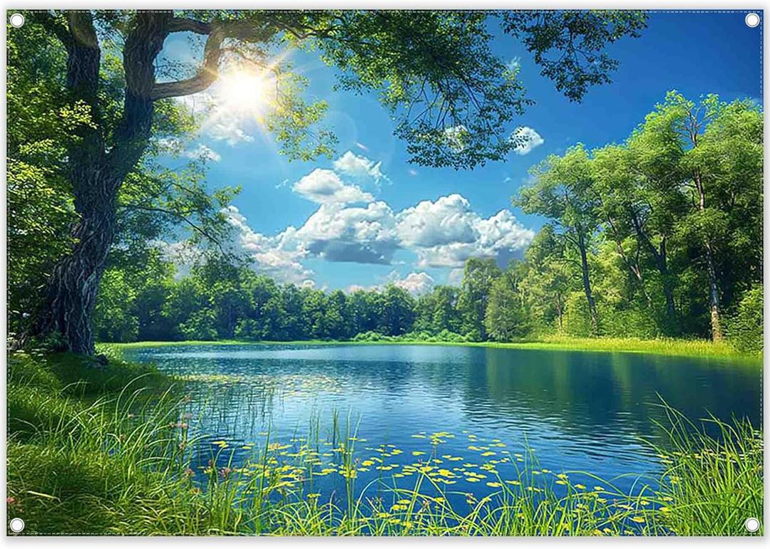 Fabric 7x5ft Lake Natural Scenery Backdrop River Forest Tree Blue Sky Bokeh Background Picnic Camping Hiking Spring Outdoor Party Decorations Photoshoot Banner Props