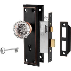 Upgraded Mortise Lock Set for Interior Door, Antique Vintage Style Crystal Glass Door Knobs with Skeleton Key, Reversible for Left & Right Handed Door, Oil Rubbed Bronze Finish