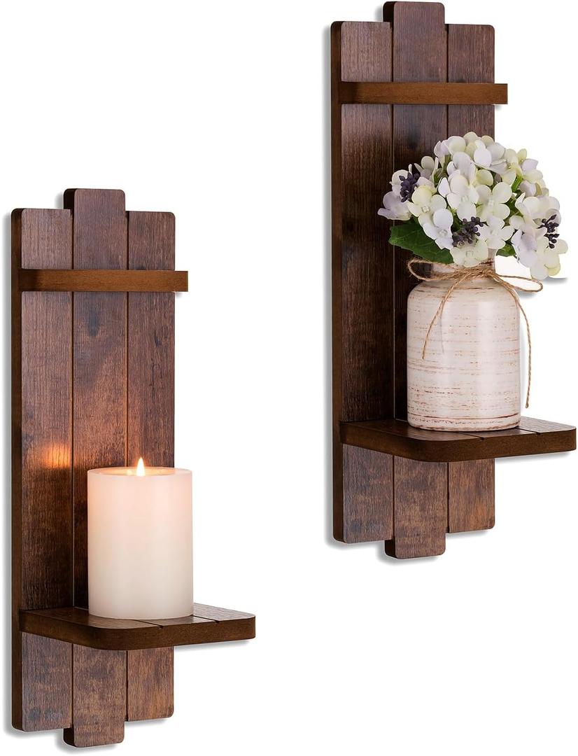Rustic Candle Holder Farmhouse Wall Decor - Brown Sconce Set of Two Wooden Vintage Hanging Wall Decoration for Fireplace Mantel Living Room Bedroom Dining Room