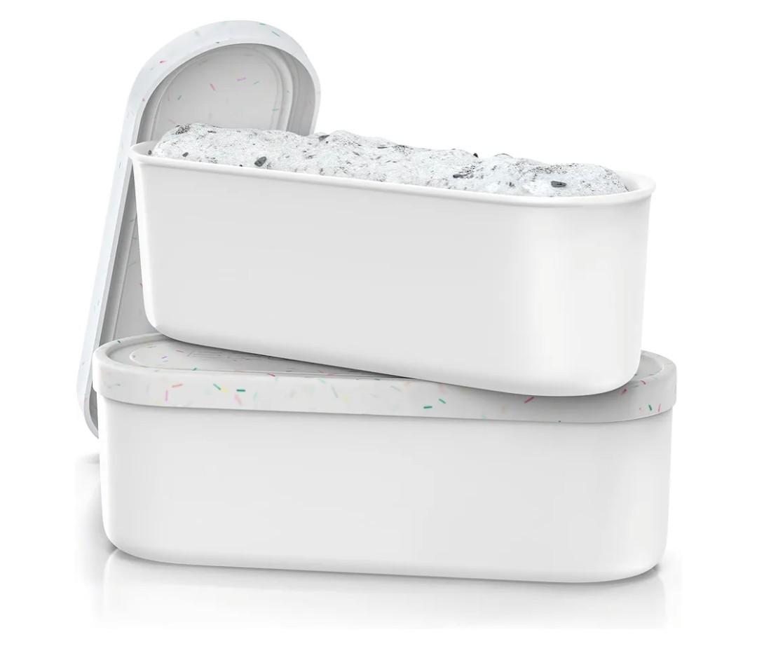 BALCI Ice Cream Containers - 2 Quart Ea. (Set of 2) - Premium Reusable Freezer Storage for Homemade Ice Cream Tub for Sorbet, Frozen Yogurt - Flexible Silicone Lids, Long Scoop - White With Sprinkles