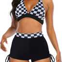 Womens High Waisted Swimsuits with Boy Shorts Brazilian Triangle Top Stripes Halter Bikini Two Piece Bathing Suits (Large, Checkered)