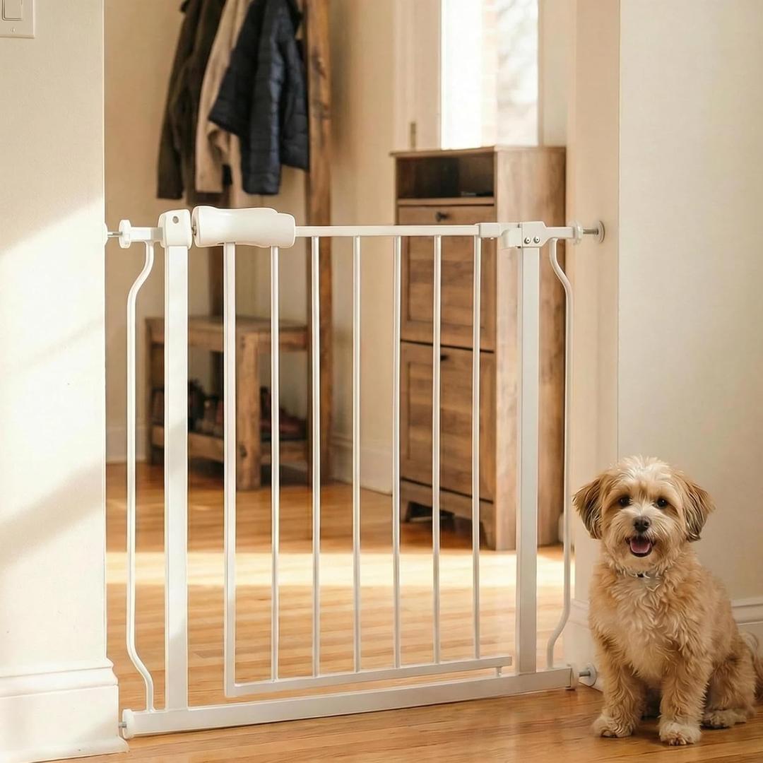 Walk Through Baby & Dog Gate 29-34 Inch, Pressure Mounted No Drilling, Indoor Safety Gate for Stairs & Doorways, Metal Design for Kids and Pets, White