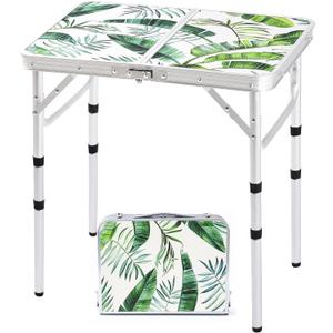 Folding Camping Table 2ft Portable Pinic Table Adjustable Height Small Card Table Aluminum Foldable Lightweight with Carry Handle for Outdoor Indoor Hiking Camp BBQ Beach (Monstera Palm Leaves)