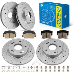 PHILTOP Front & Rear Brake Kit For 2003-2007 Honda Accord, Drilled & Slotted Brake Rotors Ceramic Brakes Pads Replacement : 11.1" inch Front, 10.21" inch Rear Rotor