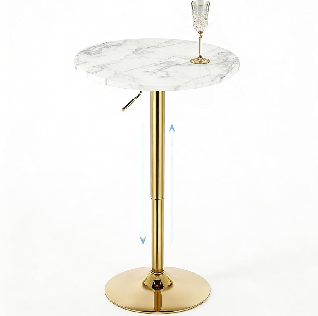 Round Cocktail Table Gold Height Adjustable 27.9''-35.4'' Pub Bar Table with Metal Base, Modern Sturdy Stylish for Kitchen, Dining Room, Office, Home Bar