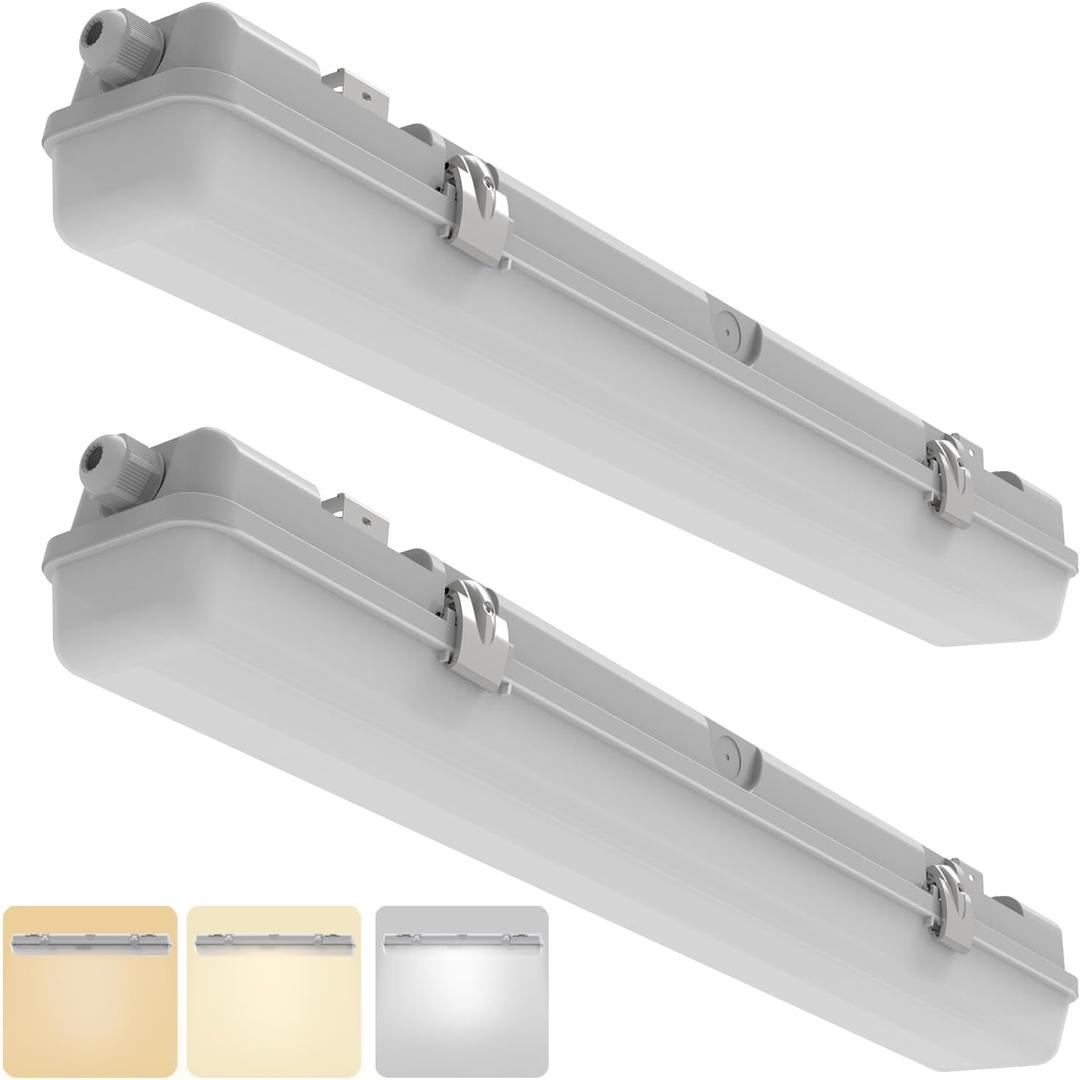 2FT LED Vapor Tight Light, IP65 IK08, 10W(1250lm)/20W(2500lm), 3/4/5000K CCT Selectable, 100-277V, Outdoor Waterproof Shop Light, Vapor Proof Lighting Fixture for Carport Parking Garage, FCC 2-Pack