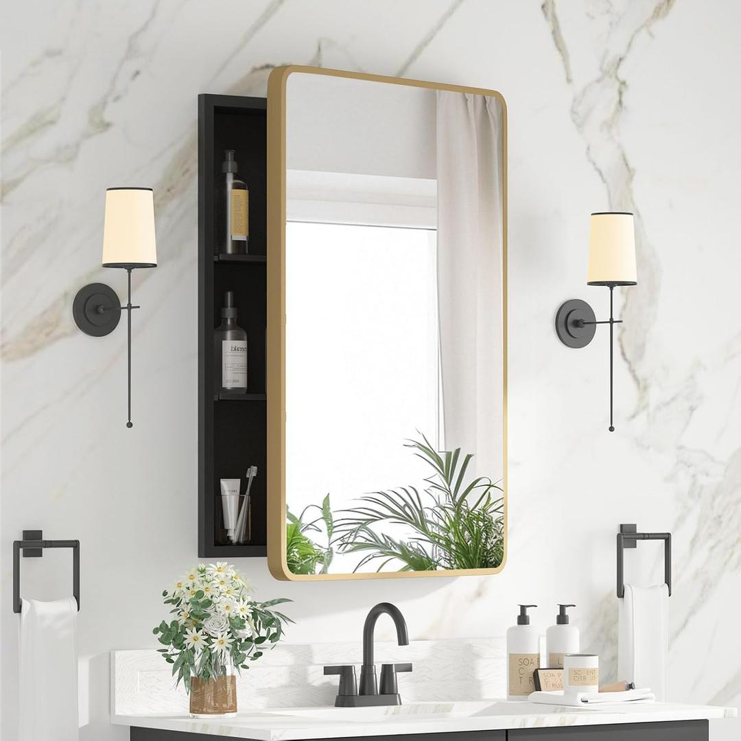 Medicine Cabinet 20 x 28 Inch, Brush Gold Bathroom Medicine Cabinet with Mirror,Metal Beveled Mirror, Adjustable Shelves, Recessed or Wall Mount, Sturdy & Solid, Bathroom Mirror with Storage