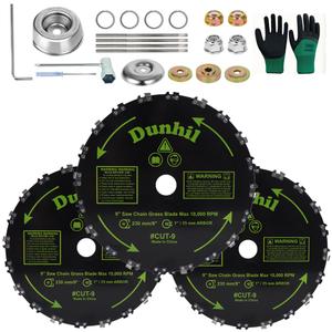 3 Pack 9" x 20T Chainsaw Tooth Brush Blades - Meatl Weed Eater Saw Blade Kit with 4 Carbon Steel Round Chainsaw Blades, 4 Round Files, and 4 Washers for Brush Cutters, String Trimmers