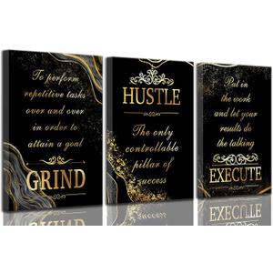3 Pcs Black Gold Inspirational Office Canvas Wall Art Motivational Grind Hustle Execute Inspiring Quotes Pictures Wall Decor Poster Print Artwork for Man Cave Man Room Home Office Decoration