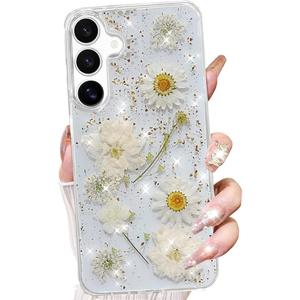 Changjia for Samsung Galaxy S25 Clear Glitter Floral Case, Cute Pressed Dried Real Flowers Design Bling Sparkly White Floral Soft TPU Bumper Shockproof Women Girls Protective Case for Galaxy S25,White