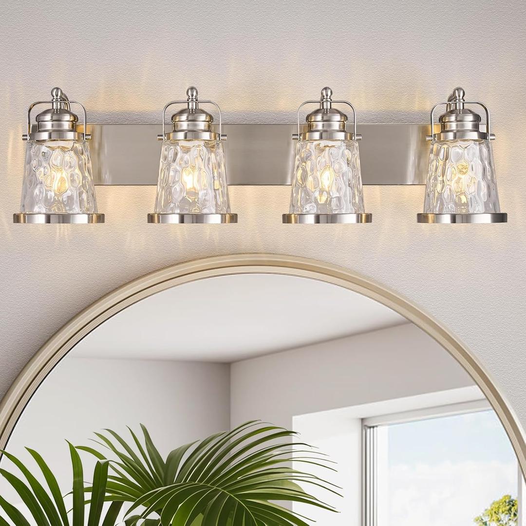4 Light Bathroom Vanity Light Modern Industrial Nickel Vanity Light with Glass Bathroom Light Fixtures Over Mirror