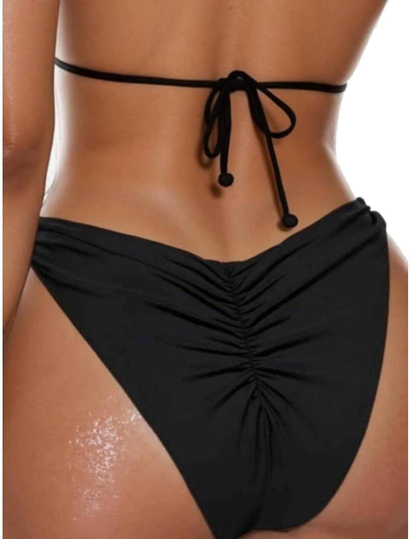 Ruched Scrunch Butt Bikini Bottoms for Women Adjustable Low Rise Cheeky High Cut Swimsuit Bathing Suit Bottom (Medium, Sb02 Black)