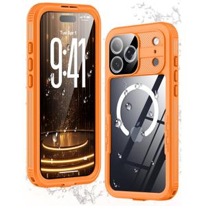 GOLDJU Magnetic for iPhone 17 Pro Max Case-Waterproof, Built-in Screen & Camera Protector-IP68 Underwater Full Body 16FT Military Dropproof Shockproof Case for 17 Pro Max 6.9''- Orange