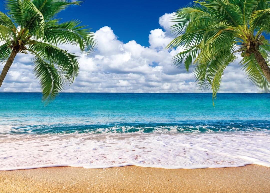 SJOLOON Summer sea Backdrop Tropical Beach Plants Photo Backdrop Hawaiian Ocean Blue Sky Background for Theme Party Supplies Studio Props 12692(8x6FT)